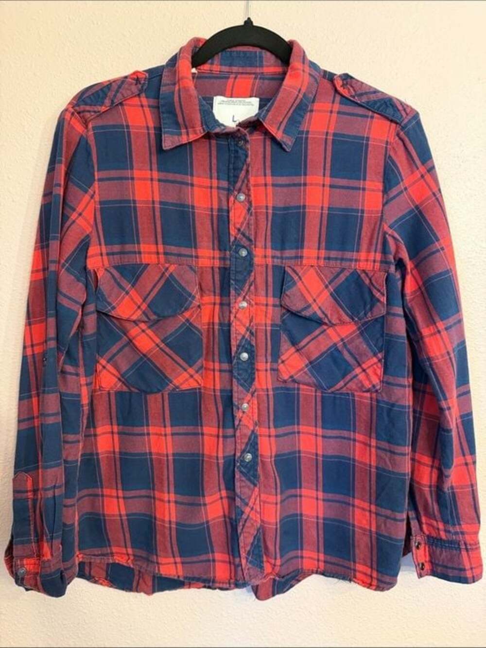 Zara Woman Red‎ Navy Blue Plaid Flannel Snap Button Utility Shirt Large
